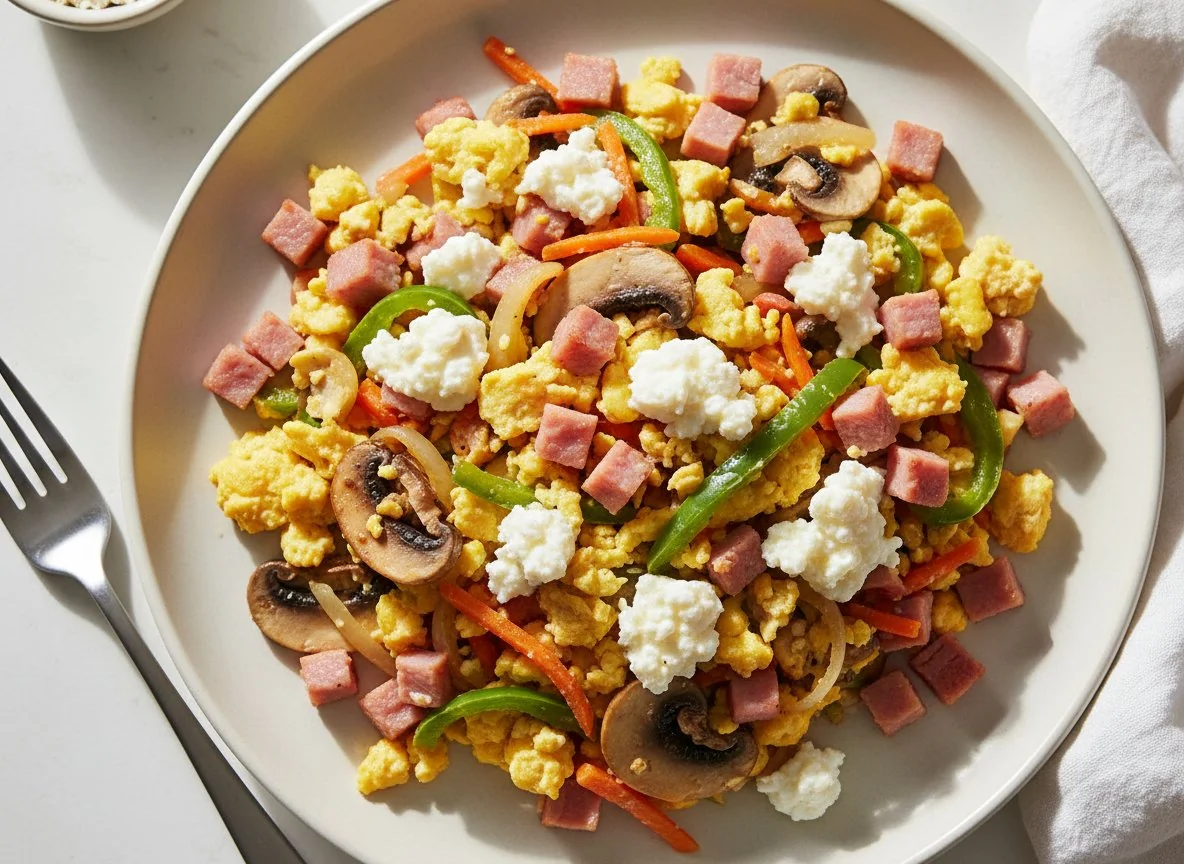 Mixed Vegetable Scramble with Ham and Cottage Cheese calories & nutrition