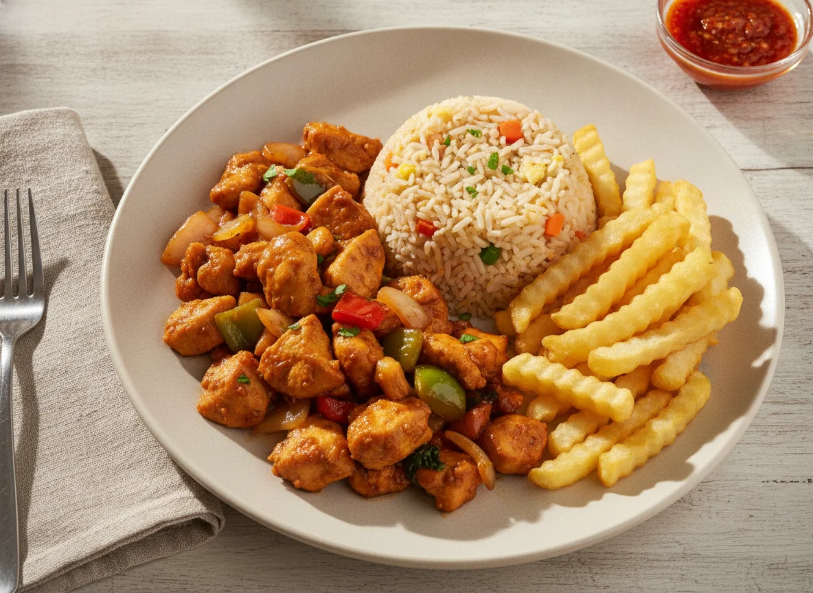 Frango Xadrez com Arroz e Batata Frita calorias e nutricao